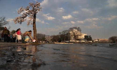 People near a flooded Capitol building.